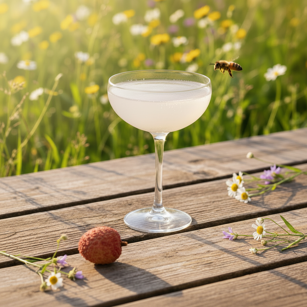 Lychee Blossom with bee above glass