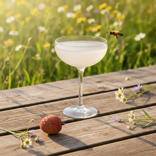 Lychee Blossom with bee above glass